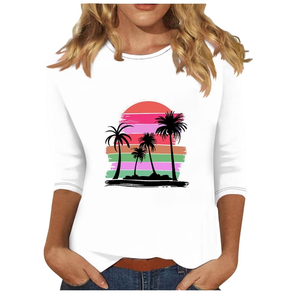 BangWanChi 3/4 Length Sleeve Womens Tops Women's Fashion Printed Round Neck 3/4 Sleeve T-Shirt Loose Tops Long Sleeve Round Neck Tops/Shirt