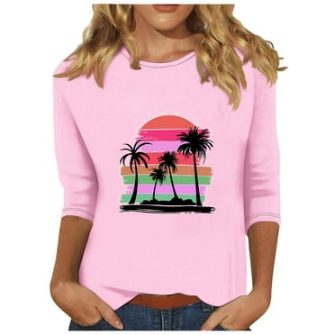 BangWanChi 3/4 Length Sleeve Womens Tops Women's Fashion Printed Round Neck 3/4 Sleeve T-Shirt Loose Tops Long Sleeve Round Neck Tops/Shirt
