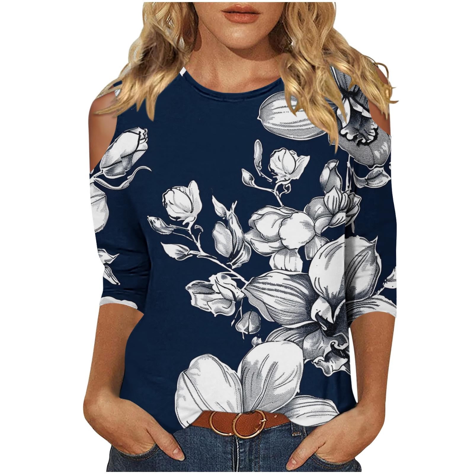 Women's Raglan Baseball Tee - 3/4 Sleeve Round Neck Patchwork Print Blouse, Red - View #11