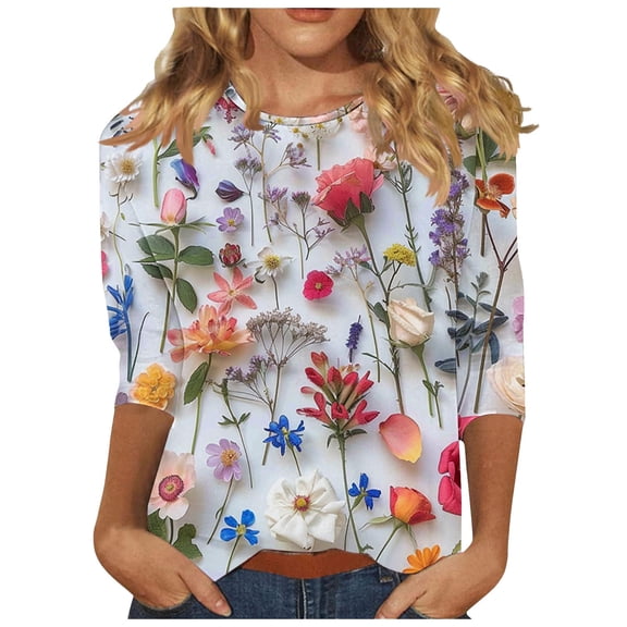 BangWanChi 3/4 Length Sleeve Womens Tops Women's Fashion Printed T-Shirt 3/4 Sleeves Blouse Round Neck Casual Tops