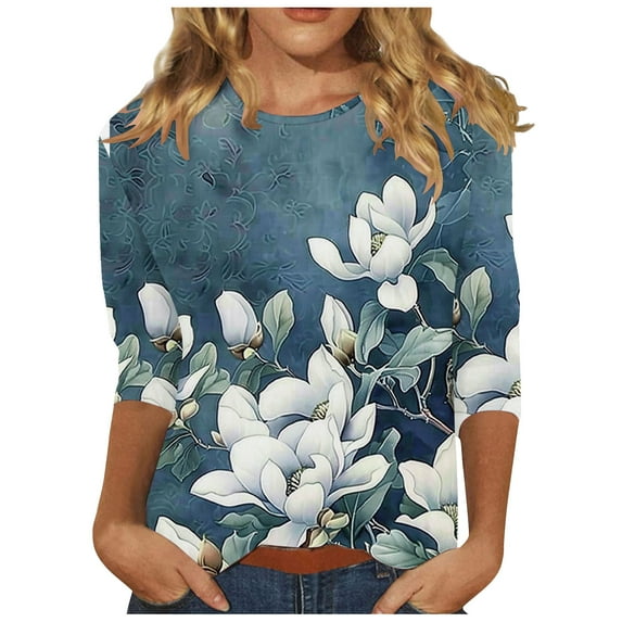 BangWanChi 3/4 Length Sleeve Womens Tops Women's Fashion Printed T-Shirt 3/4 Sleeves Blouse Round Neck Casual Tops