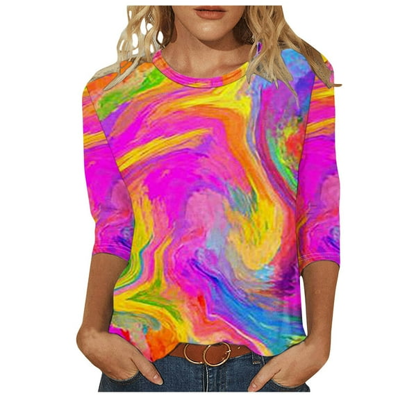 BangWanChi 3/4 Length Sleeve Womens Tops Women's Fashion Printed T-shirt 3/4 Sleeves Blouse Round Neck Casual Tops