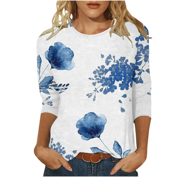 BangWanChi 3/4 Length Sleeve Womens Tops Women's Fashion Printed T-shirt 3/4 Sleeves Blouse Round Neck Casual Tops