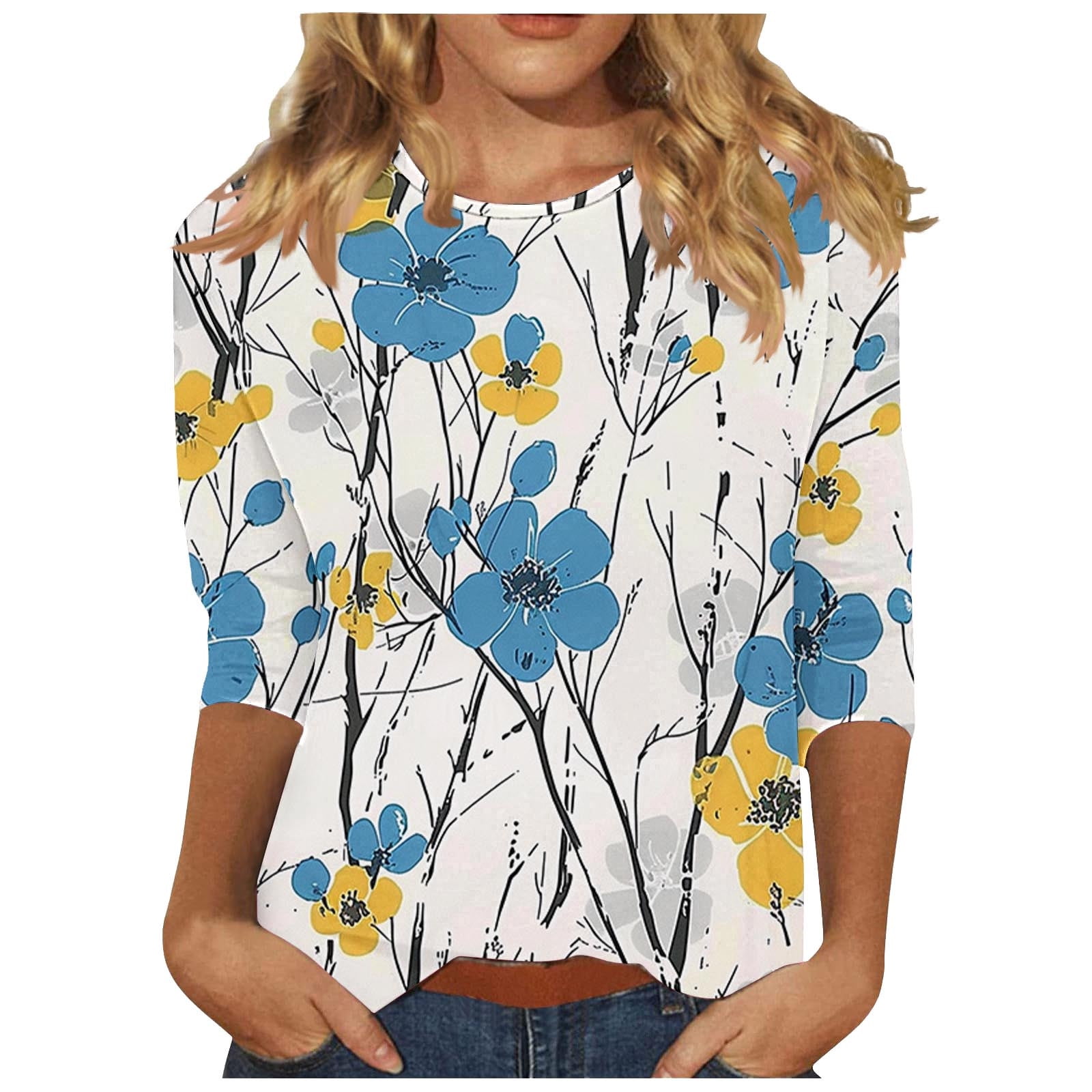 Women's 3/4 Sleeve Raglan Baseball Tee – Comfy Patchwork Print Blouse, Casual Round Neck Top