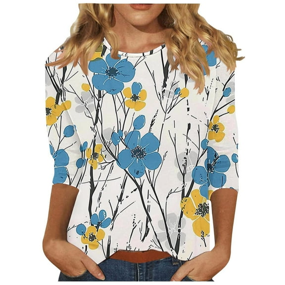 BangWanChi 3/4 Length Sleeve Womens Tops Women's Fashion Printed T-shirt 3/4 Sleeves Blouse Round Neck Casual Tops