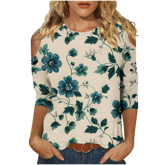 BangWanChi 3/4 Length Sleeve Womens Tops Women's Fashion Printed T-shirt 3/4 Sleeves Blouse Round Neck Casual Tops