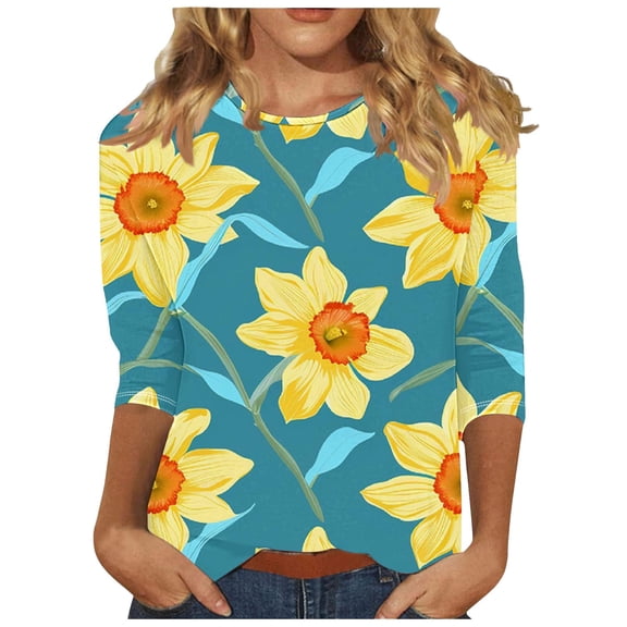 BangWanChi 3/4 Length Sleeve Womens Tops Women's Fashion Tees Casual Crewneck 3/4 Sleeve Loose T Shirt Ladies Tops Blouses Shirts