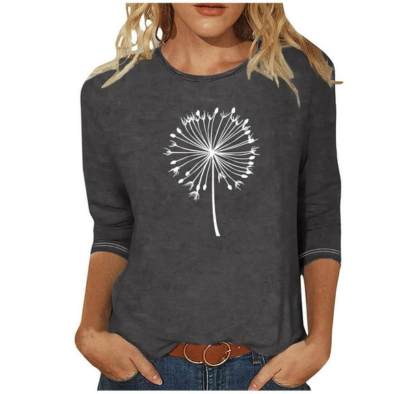 BangWanChi 3/4 Length Sleeve Womens Tops Women's Fashion Tees Casual Crewneck 3/4 Sleeve Loose T Shirt Ladies Tops Blouses Shirts