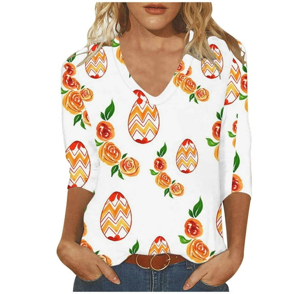 BangWanChi 3/4 Length Sleeve Womens Tops Women's Fashion Tees Casual Crewneck 3/4 Sleeve Loose T Shirt Ladies Tops Blouses Shirts