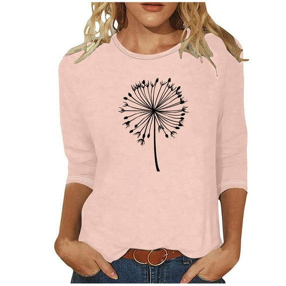 BangWanChi 3/4 Length Sleeve Womens Tops Women's Fashion Tees Casual Crewneck 3/4 Sleeve Loose T Shirt Ladies Tops Blouses Shirts