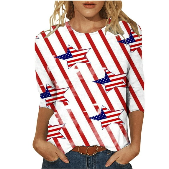 BangWanChi 3/4 Length Sleeve Womens Tops Women's Fashion Three Quarter Sleeve Retro Round Neck Independence Printed Loose Tops Blouse Three Quarter Sleeve
