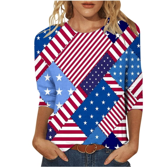 BangWanChi 3/4 Length Sleeve Womens Tops Women's Fashion Three Quarter Sleeve Retro Round Neck Independence Printed Loose Tops Blouse Three Quarter Sleeve