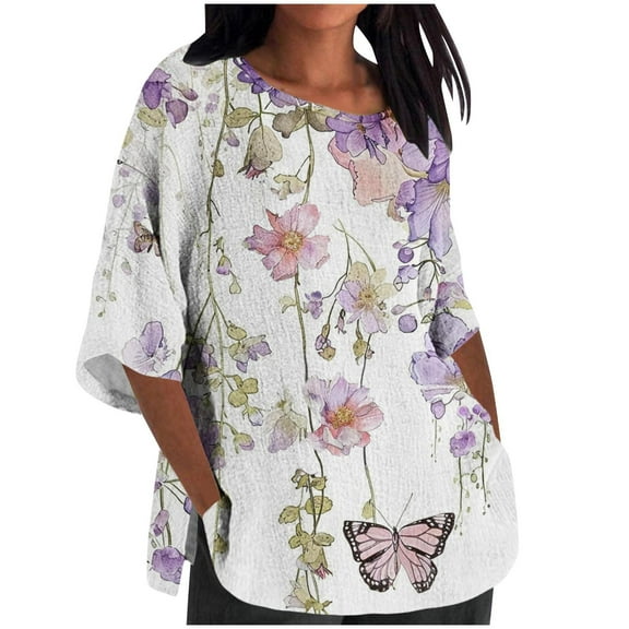 BangWanChi 3/4 Length Sleeve Womens Tops Women's Ladies Fashion Casual Cropped 3/4 Sleeve Printing Cotton Loose Shirt Blouse Top