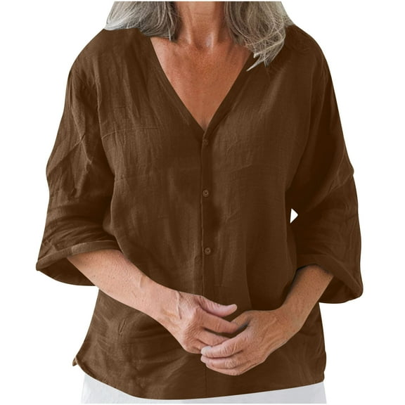 BangWanChi 3/4 Length Sleeve Womens Tops Women's Loose Casual Solid Color 3/4 Sleeve Long Sleeved V-neck Top/shirt