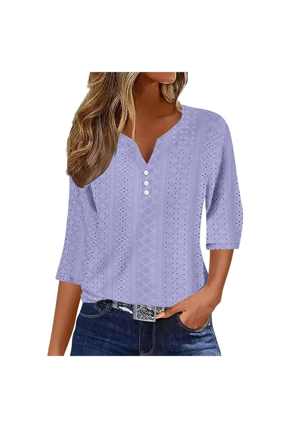 3/4 Length Sleeve Womens Tops Women's Loose and Casual Solid V-neck 3/4 Sleeves and 3/4 Sleeves Top