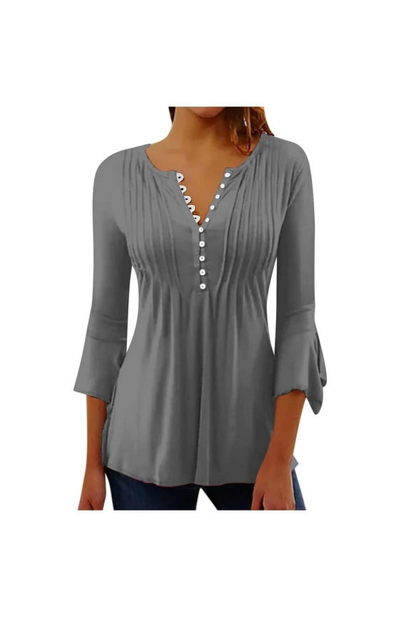 3/4 Length Sleeve Womens Tops Women's Solid Color Casual Button Pleated Belted Horn 3/4 Sleeve