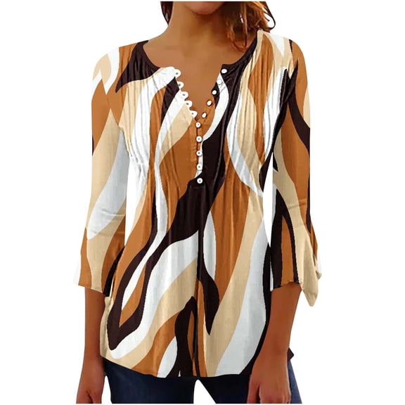 BangWanChi 3/4 Length Sleeve Womens Tops Women's V-Neck Casual Trumpet 3/4 Sleeve Printed Buttoned Basic Ruched Corset Tunic Tops Pleated T-shirts Blouses