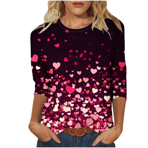 BangWanChi 3/4 Length Sleeve Womens Tops Women's Valentine's Day Fashion Printed T-shirt 3/4 Sleeves Blouse Round Neck Casual Tops