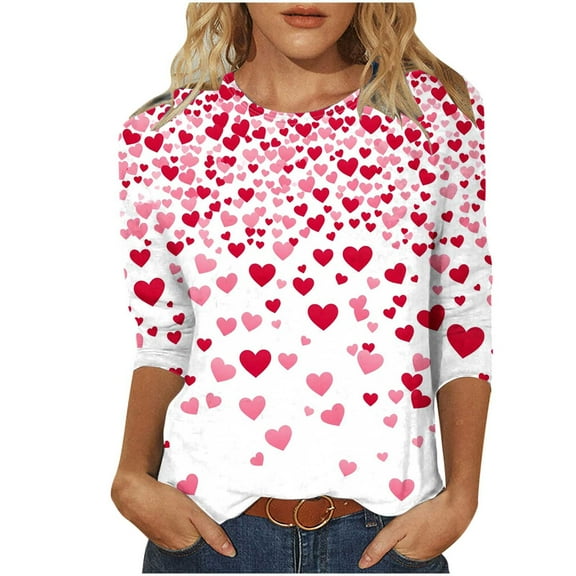 BangWanChi 3/4 Length Sleeve Womens Tops Women's Valentine's Day Fashion Printed T-shirt 3/4 Sleeves Blouse Round Neck Casual Tops