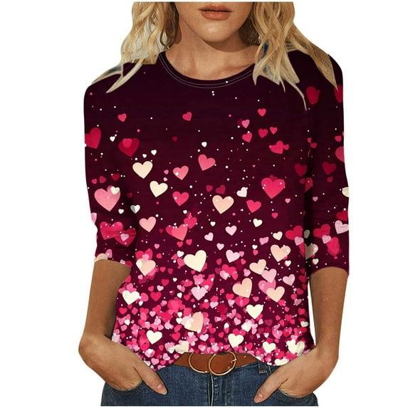 BangWanChi 3/4 Length Sleeve Womens Tops Women's Valentine's Day Fashion Printed T-shirt 3/4 Sleeves Blouse Round Neck Casual Tops