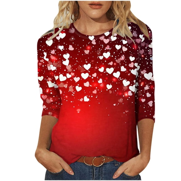 BangWanChi 3/4 Length Sleeve Womens Tops Women's Valentine's Day Fashion Printed T-shirt 3/4 Sleeves Blouse Round Neck Casual Tops
