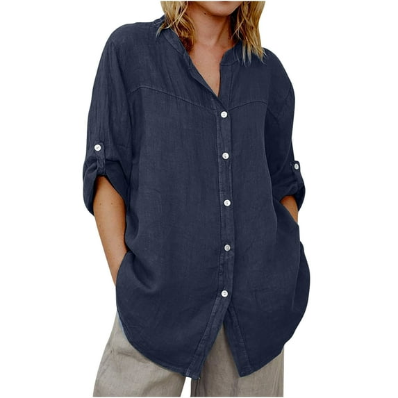 BangWanChi 3/4 Length Sleeve Womens Tops Womens Solid Color V-neck Loose Button Blouse 3/4Sleeve Casual Work Tunic Tops