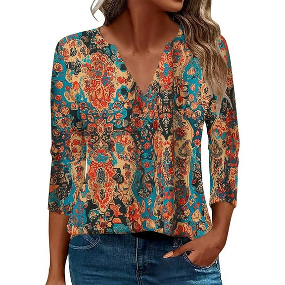 BangWanChi 3/4 Sleeves Blouse for Women Women's Fashion Printed T-Shirt V-Neck Casual Tops