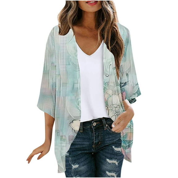 BangWanChi Bathing Suit Cover up for Women Women's Long Sleeve Printing Casual Tops Blouse With Pocket Cardigan