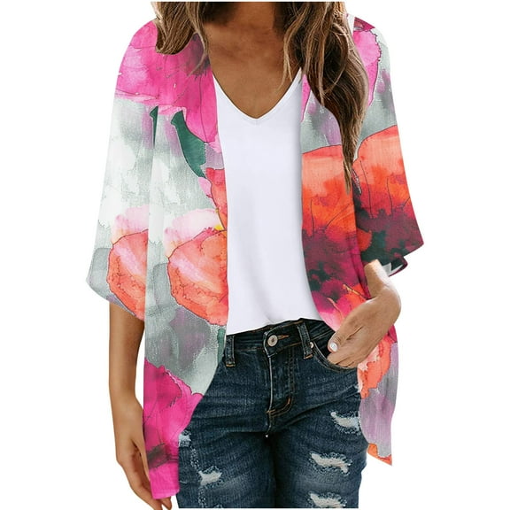 BangWanChi Bathing Suit Cover up for Women Women's Long Sleeve Printing Casual Tops Blouse With Pocket Cardigan
