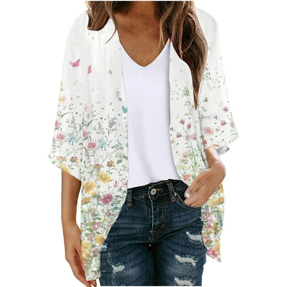 BangWanChi Bathing Suit Cover up for Women Women's Long Sleeve Printing Casual Tops Blouse With Pocket Cardigan