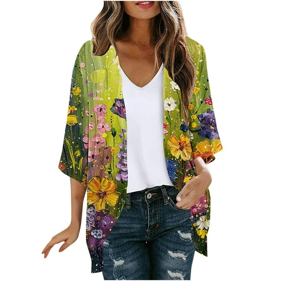 BangWanChi Bathing Suit Cover up for Women Women's Long Sleeve Printing Casual Tops Blouse With Pocket Cardigan