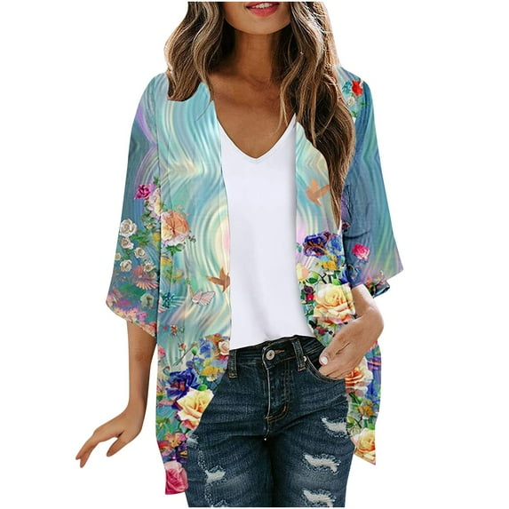 BangWanChi Bathing Suit Cover up for Women Women's Long Sleeve Printing Casual Tops Blouse With Pocket Cardigan