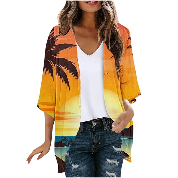 BangWanChi Beach Cover ups for Women 2024 Women's Long Sleeve Printing Casual Tops Blouse With Pocket Cardigan