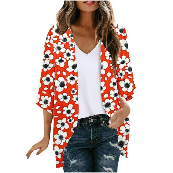 BangWanChi Beach Cover ups for Women 2024 Women's Long Sleeve Printing Casual Tops Blouse With Pocket Cardigan