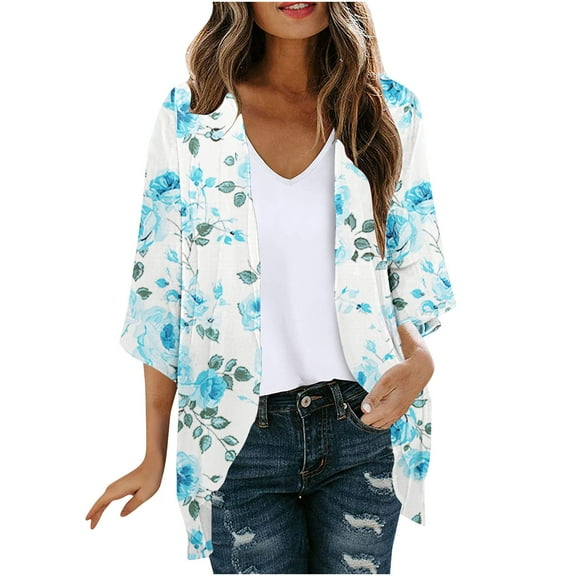 BangWanChi Beach Cover ups for Women 2024 Women's Summer Floral Print Puff Sleeve Cardigan Loose Cover Up Casual Blouse Summer Trendy Tops