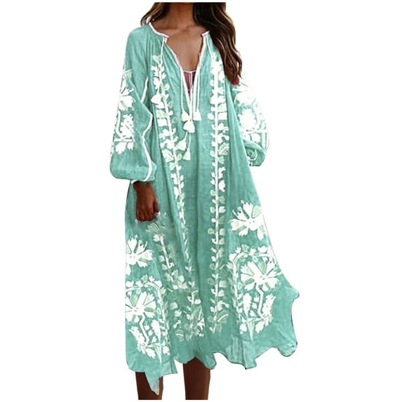 BangWanChi Beach Dresses for Women Vacation Womens Summer Dresses Long Dresses for Women Women Loose Floral Print V-Neck Long Sleeve Bandage Bohemian Beach Maxi Dress