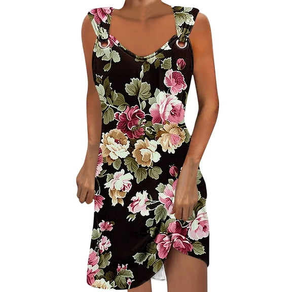 BangWanChi Beach Dresses for Women 2024 Vacation Women's Geometric Printed Elegant Camisole Round Neck Dress
