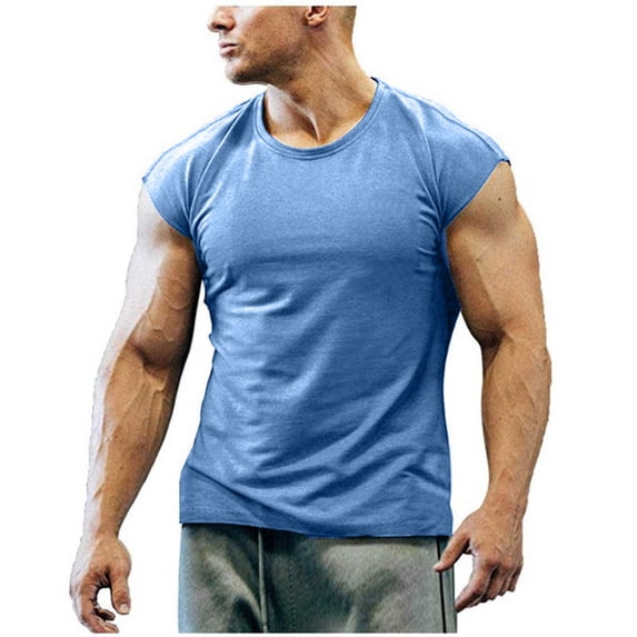 BangWanChi Big and Tall Men Round Neck Tanks Top Blue Casual Sports Sleeveless T-Shirts Workout Tank