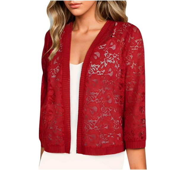 BangWanChi Black Cardigan for Women Cropped 2024 Women's Spring And Summer New Casual Fashion Lace Long-sleeved Coat Cardigan