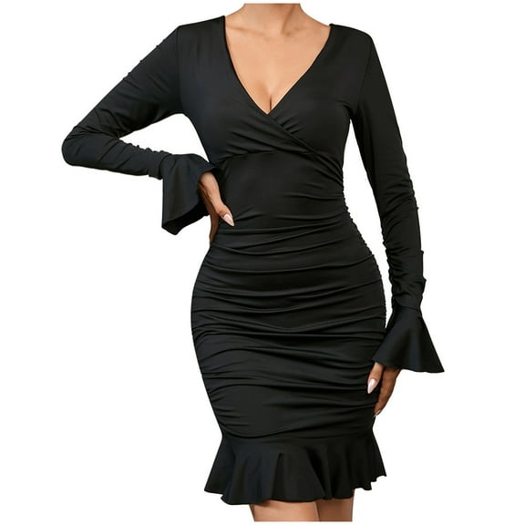 BangWanChi Black Dresses for Women Fashion Women Casual Dress V Neck Long Sleeve Hip Wrap Dress Long Dress