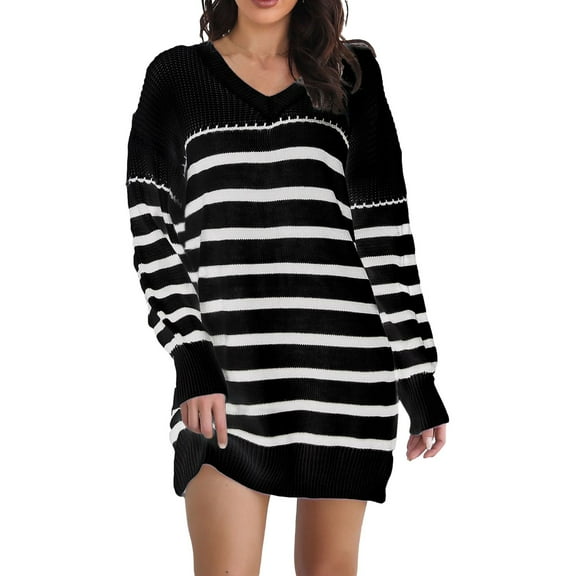 BangWanChi Black Dresses for Women Woman's Knit Dress Loose and Comfortable V-neck Stripe Sweater Dress for Woman