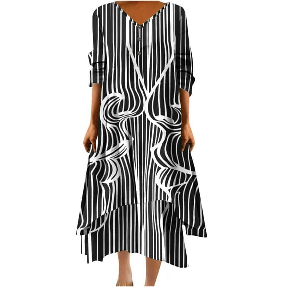 BangWanChi Black Dresses for Women Women Casual Loose Printed Irregular Buttoned Hem V-Neck 3/4 Sleeve Dresses