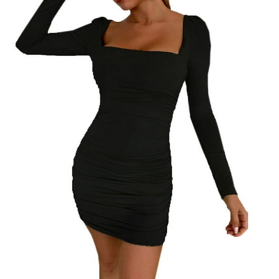 BangWanChi Black Dresses for Women Women's Sexy Backless Short Long-Sleeved Neck Dress