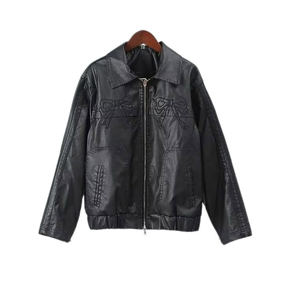 BangWanChi Black Leather Jacket Women Women Fashionable Bow Embroidered Leather Jacket Long Sleeved Hooded Leather Jacket/Jacket