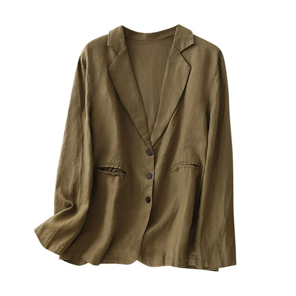 BangWanChi Blazer for Women Trendy Women's Spring Summer Linen Casual Long Sleeve Trun Down Collar Blouse Loose Tops