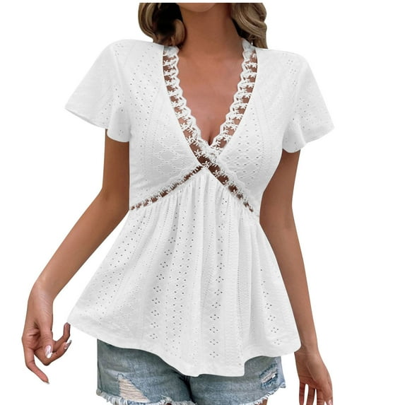 BangWanChi Blouses for Women Dressy Casual Clearance Womens Spring Outfits Casual V Neck Short Sleeve Solid Color Shirts Lightweight Fashion Tunic Pullover Blouse
