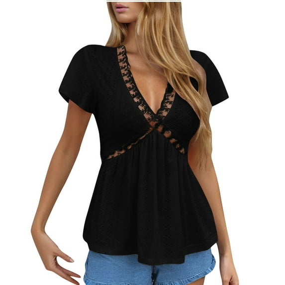 BangWanChi Blouses for Women Dressy Casual Womens Spring Outfits Casual V Neck Short Sleeve Solid Color Shirts Lightweight Fashion Tunic Pullover Blouse