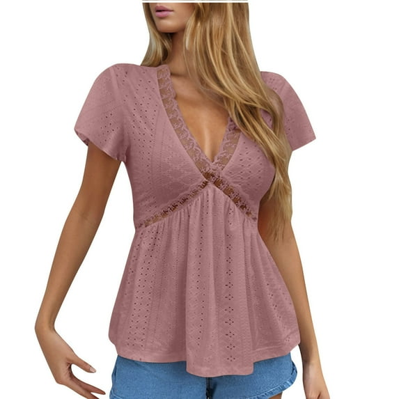BangWanChi Blouses for Women Dressy Casual Clearance Womens Spring Outfits Casual V Neck Short Sleeve Solid Color Shirts Lightweight Fashion Tunic Pullover Blouse