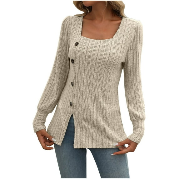 BangWanChi Blouses for Women Business Casual Women's Loose Solid Color Casual V-neck Button Hole Stripe Top