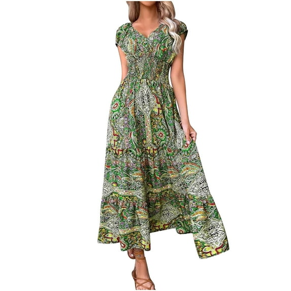 BangWanChi Boho Dresses for Women 2026 New Women's Bohemian Style V-neck Waist Cinched Floral Print Large Hem Long Dress
